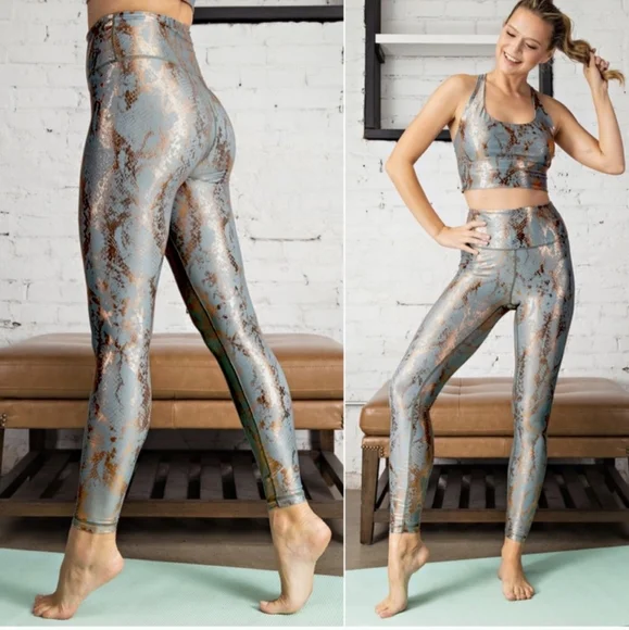 Stunning Sage & Metallic Copper Snake Print High Waisted Leggings - Picture 6 of 7